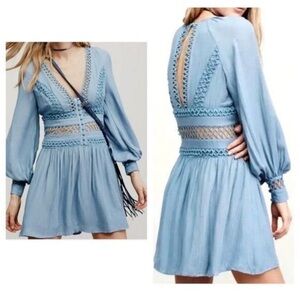 Free People- I Think I Love You cut out Crochet Blue Mini Dress